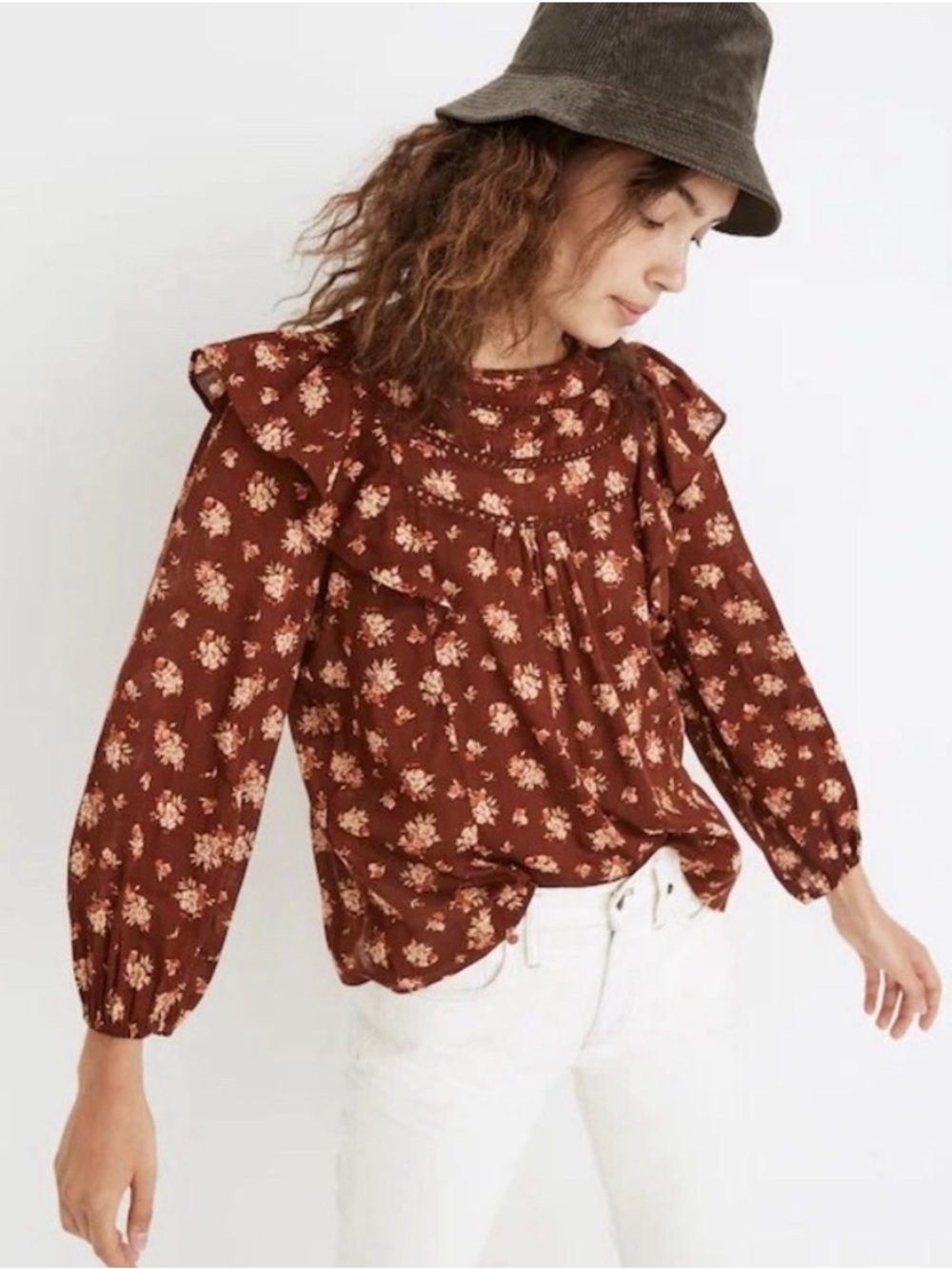 Rust Floral Ruffle Yoke Women's Blouse